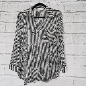 Grand & Greene Womens Black White Dragonfly Print Button Down Shirt Large Blouse